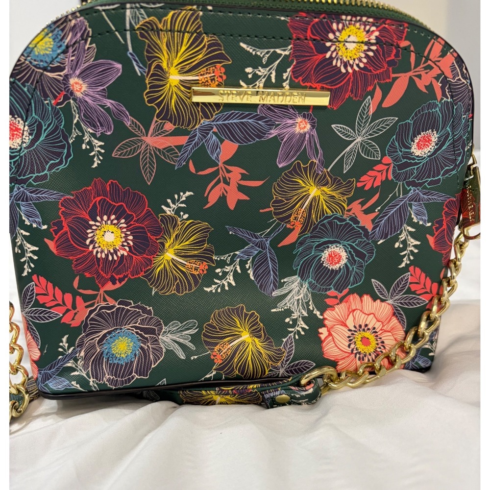 Steve Madden Floral Crossbody Bag Green Dome Purse Gold Chain Strap Tropical - Picture 7 of 7